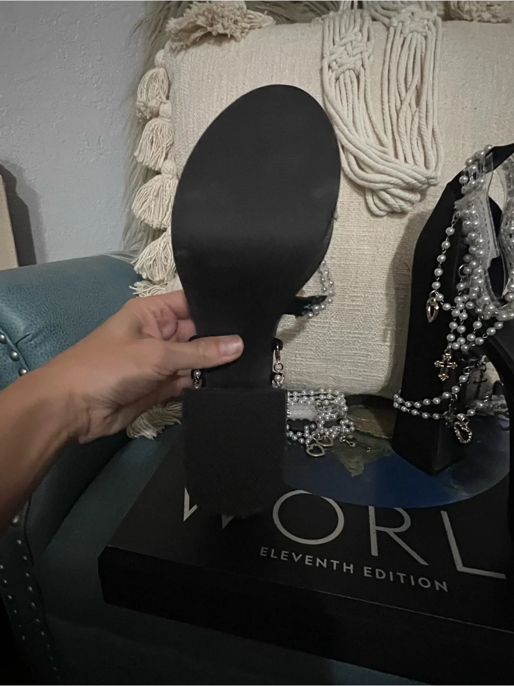 Black Pearl-Embellished Platform Heels